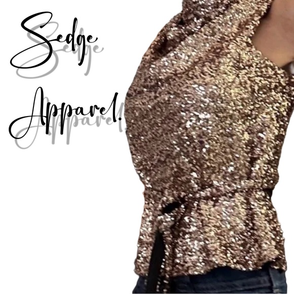 Sedge Apparel NWT Chic Bronze Sequin Bree Top Mock Neck & Tie Waist Size XS